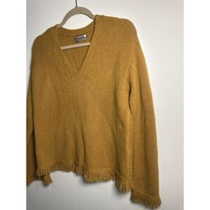 Anthropologie Joy Fringe Mustard Yellow  Long Sleeve V-Neck Pullover Sweater‎ XS